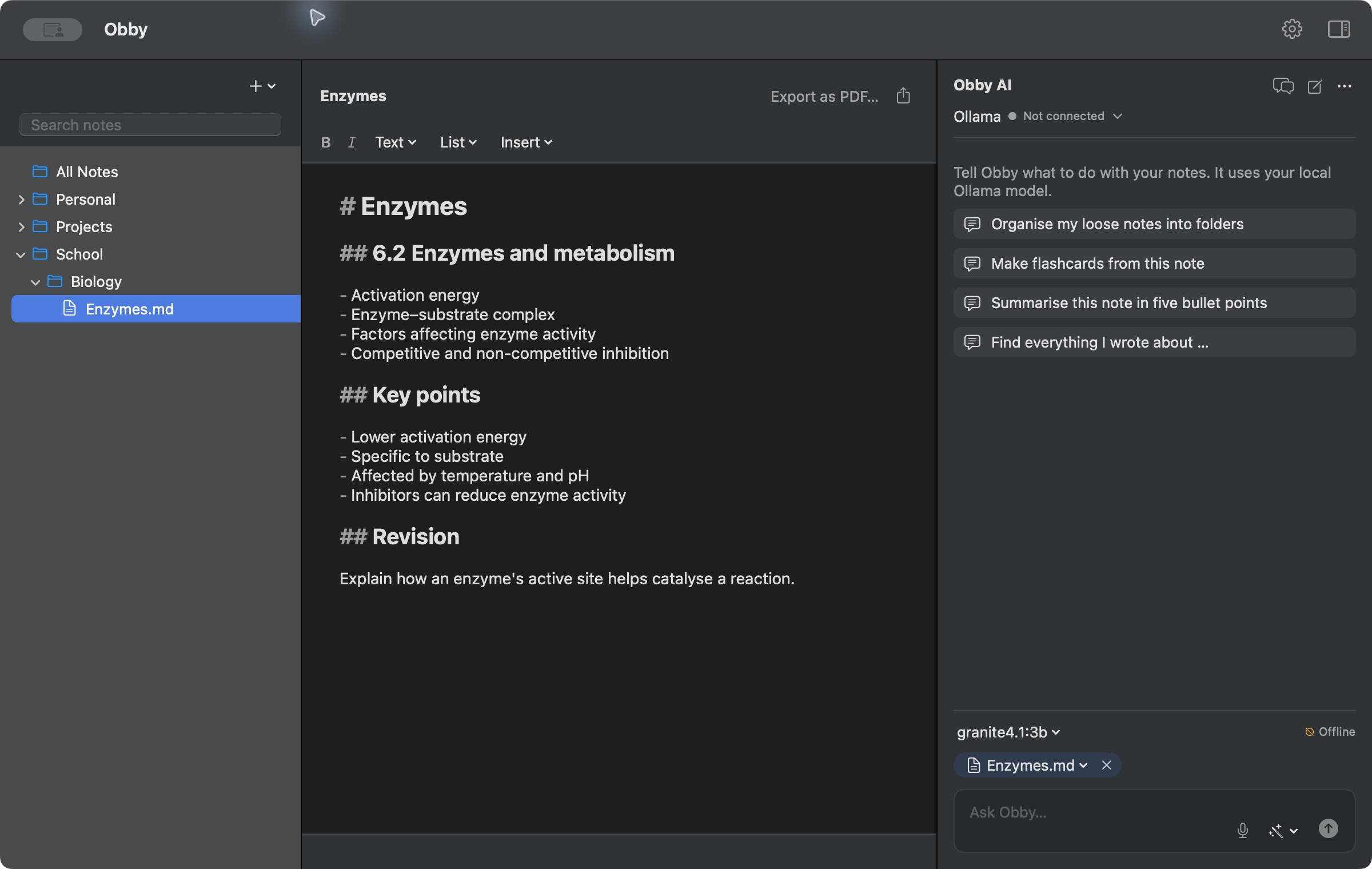 Obby on macOS showing an Enzymes note, ordinary folders and the AI assistant